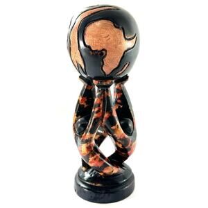 Hand Carved Wooden Abstract Figure Sculpture Holding Globe African Style Art 9”